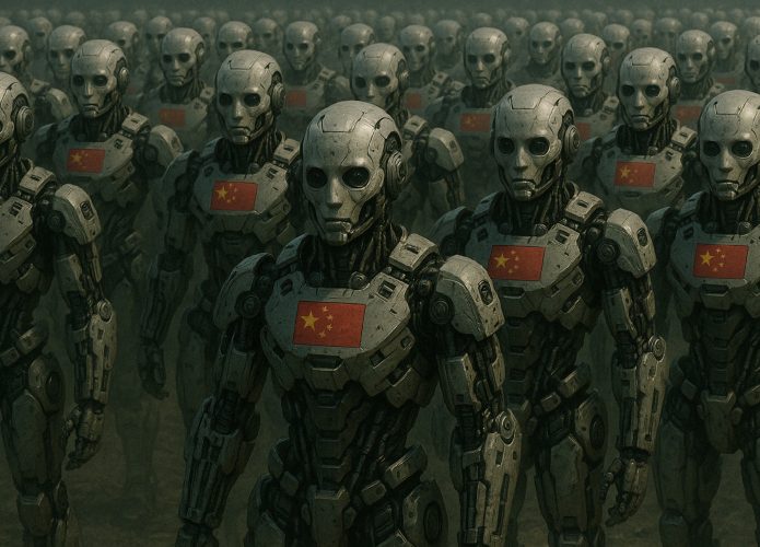 Imagem gerada por inteligência artificial mostra um exército de robôs humanoides com a bandeira da China estampada no peito.