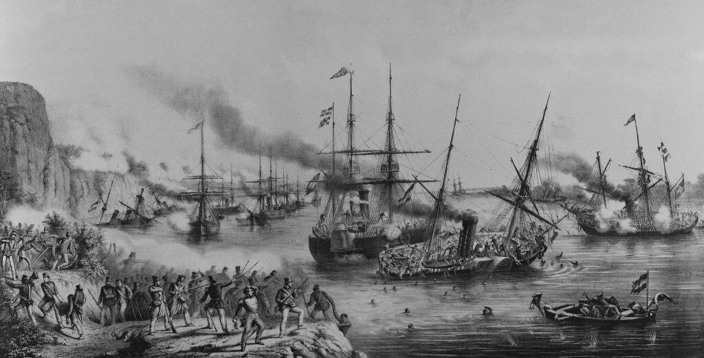 Imagem mostra gravura feita por Angelo Agostini sobre a Batalha de Riachuelo na Guerra do Paraguai