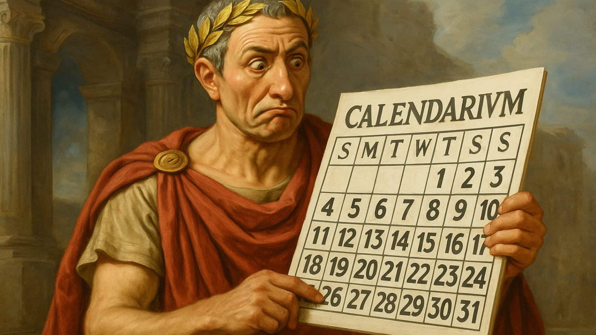 Ilustração de Júlio César com um calendário na mão