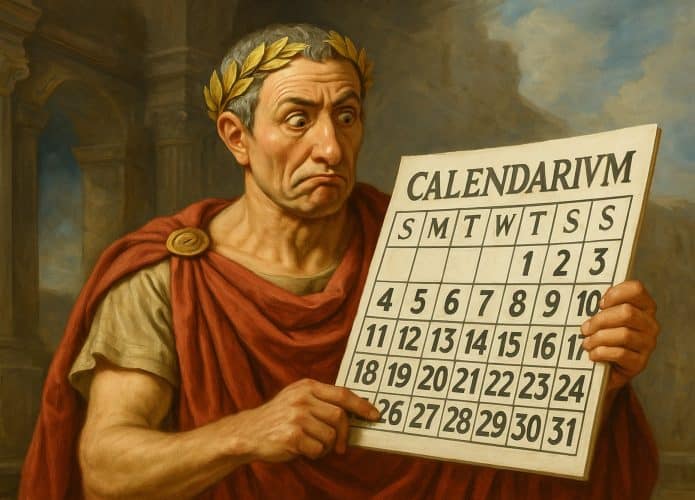 Ilustração de Júlio César com um calendário na mão