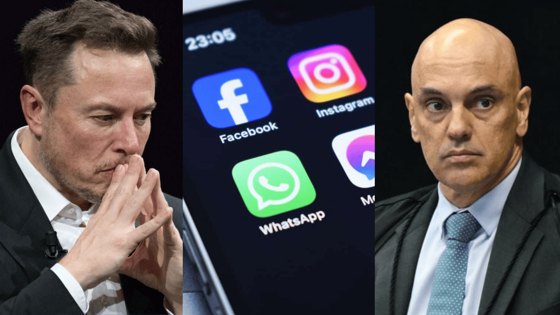 Montagem com as fotos de Elon Musk e Alexandre de Moreaes, ao lado de um celular com o logotipo de várias redes sociais