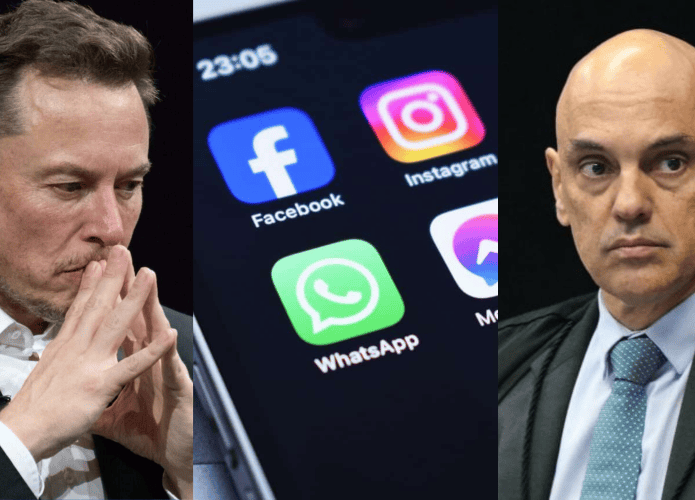 Montagem com as fotos de Elon Musk e Alexandre de Moreaes, ao lado de um celular com o logotipo de várias redes sociais