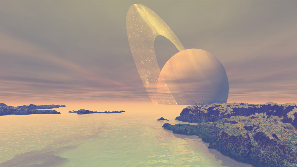 Ilustração de paisagem com Saturno no horizonte
