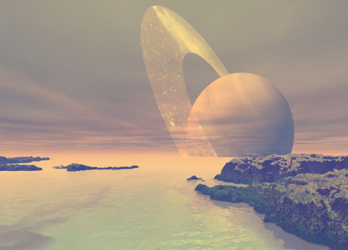 Ilustração de paisagem com Saturno no horizonte