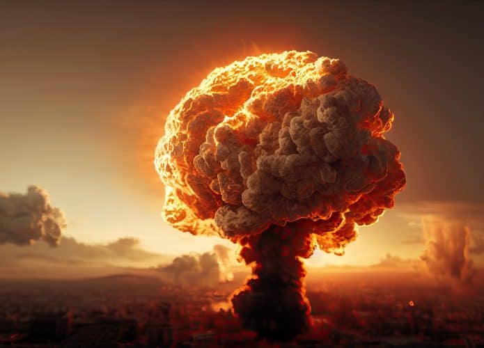 Explosão nuclear de uma bomba atômica em uma guerra nuclear. Ilustração digital 3D.