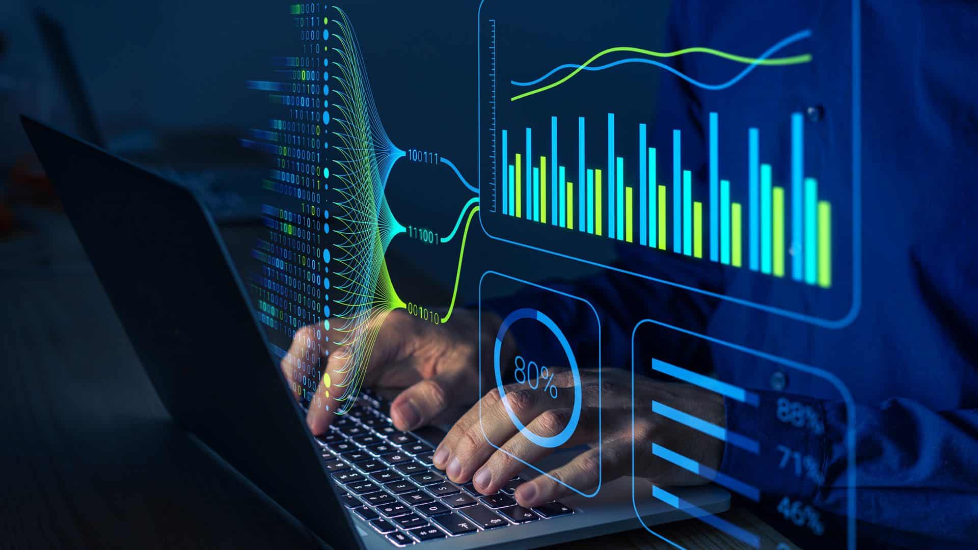 Pessoa digitando em um teclado de notebook com gráficas pairando à sua frente
