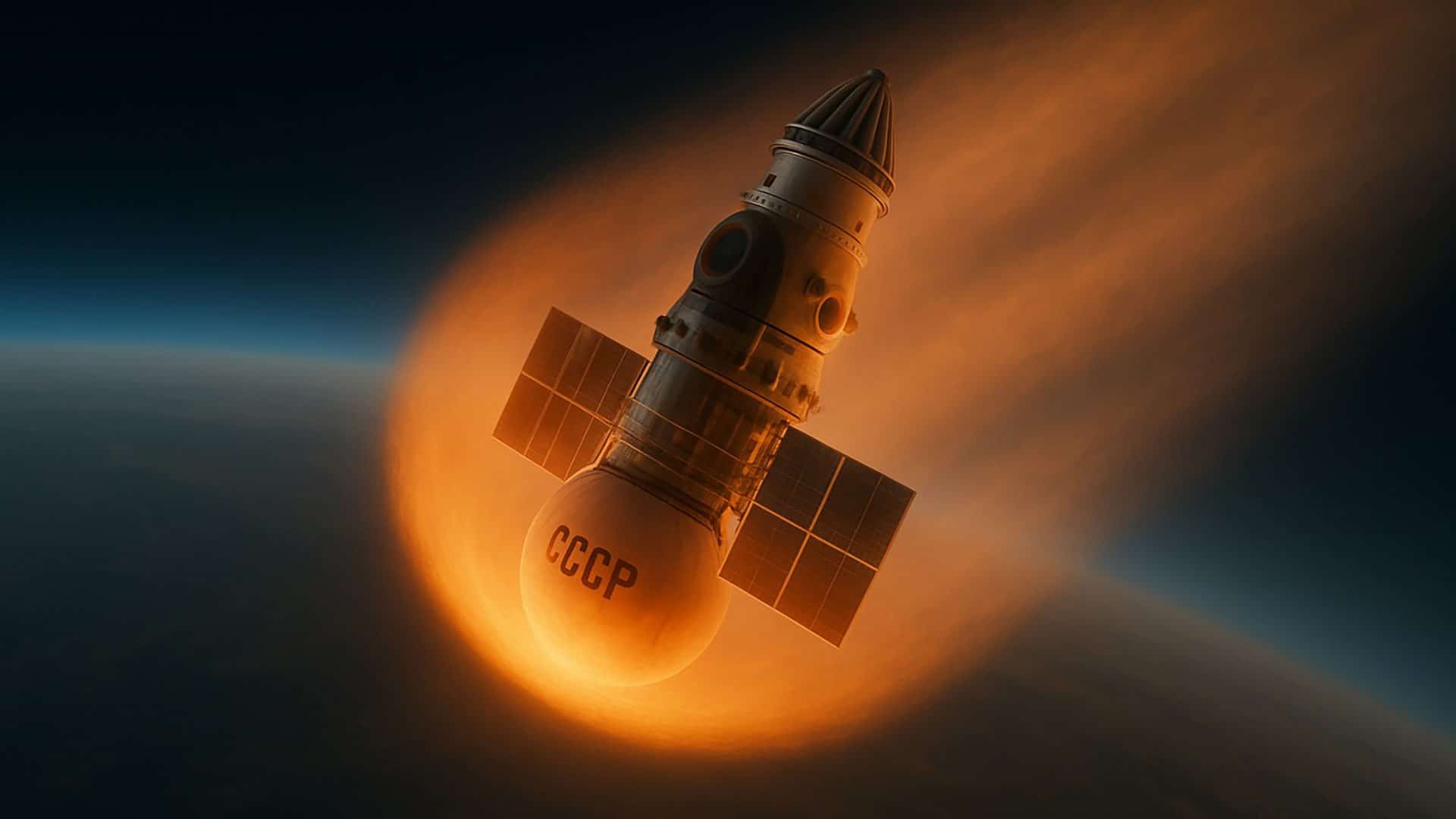 Representação artística elaborada com Inteligência Artificial da espaçonave Kosmos 482 caindo na Terra