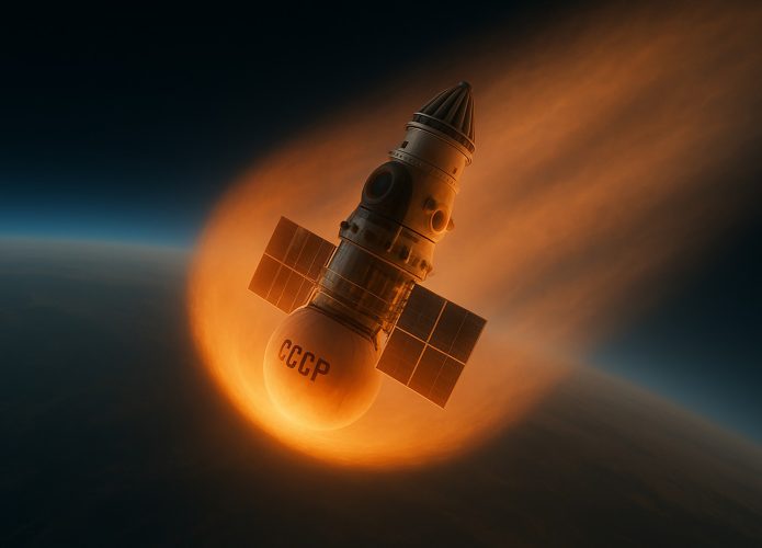 Representação artística elaborada com Inteligência Artificial da espaçonave Kosmos 482 caindo na Terra