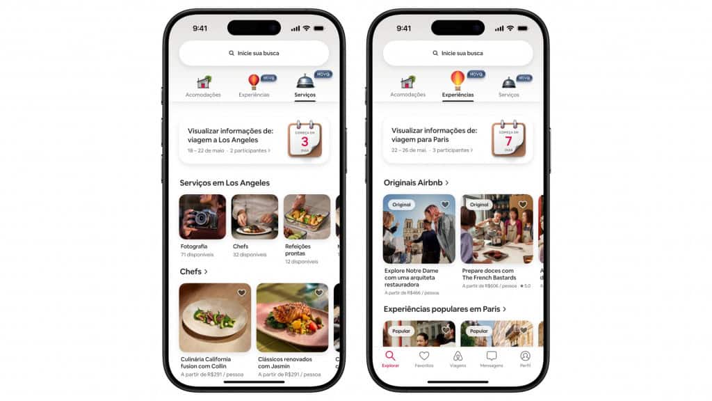 Montagem mostrando telas de serviços e experiências de aplicativo do Airbnb em iPhone