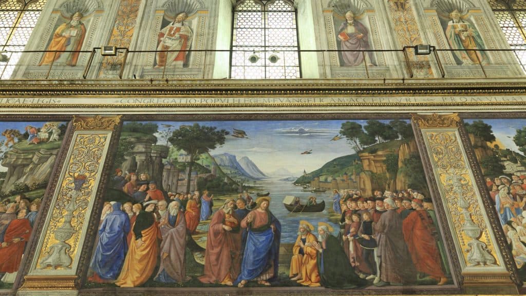 Captura de tela de imagem imersiva da Capela Sistina dando destaque para quadro de Jesus pintado duma das laterais dela