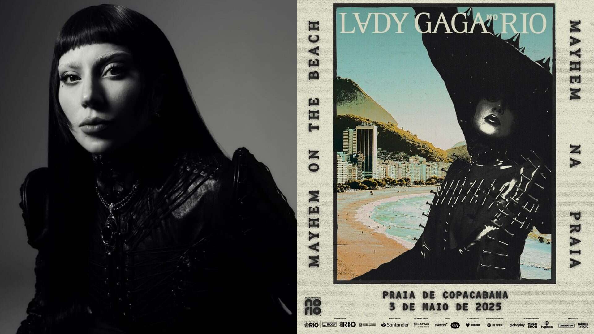 Montagem com foto da Lady Gaga e do pôster do seu show em Copacabana, no Rio de Janeiro