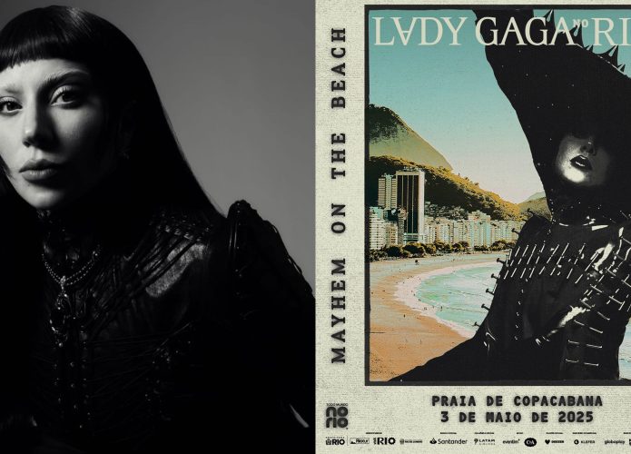 Montagem com foto da Lady Gaga e do pôster do seu show em Copacabana, no Rio de Janeiro