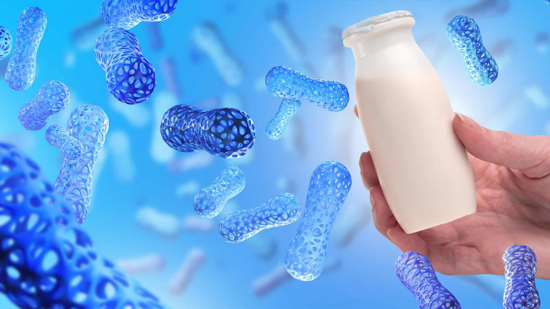 Frasco de remédio branco na mão. Nutrição saudável para melhorar o microbioma. Microbioma do organismo para a imunidade. Frasco com preparação probiótica. Medicamentos biologicamente ativos para a saúde