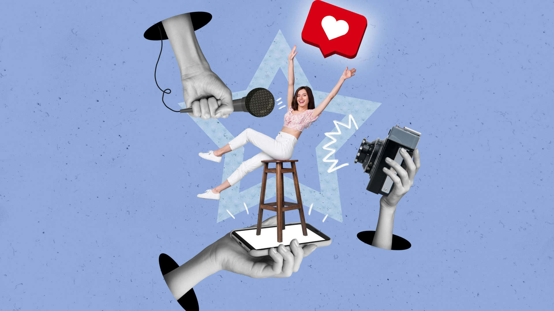 Ilustração criativa de colagem de desenho 3D de uma atriz engraçada e feliz respondendo a uma pergunta contando sua vida popular e bem-sucedida