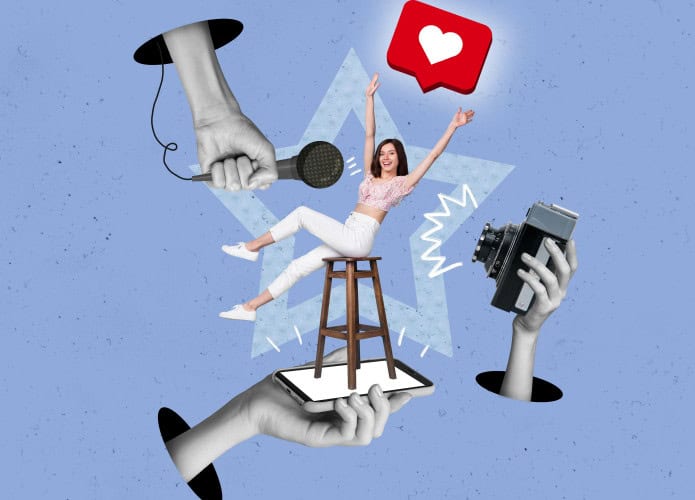 Ilustração criativa de colagem de desenho 3D de uma atriz engraçada e feliz respondendo a uma pergunta contando sua vida popular e bem-sucedida