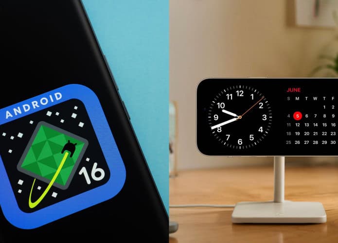 Montagem com fotos de celular com logotipo do Android 16 na tela e de iPhone no Modo StandBy em carregador com formato de pedestal pequeno