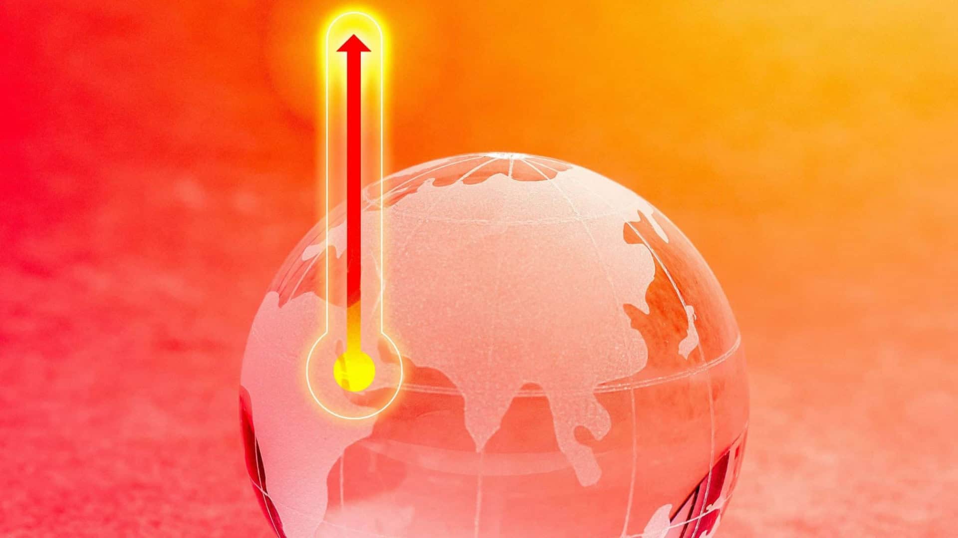 Termômetro laranja-avermelhado à frente da representação gráfica da Terra