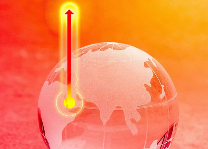 Termômetro laranja-avermelhado à frente da representação gráfica da Terra