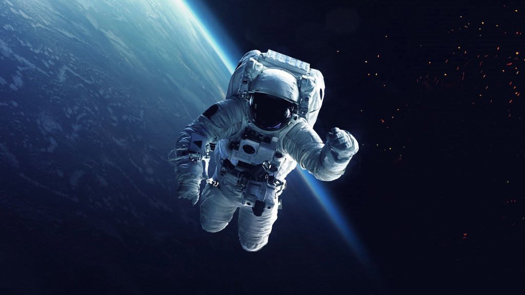 Ilustração de astronauta flutuando sobre a Terra, no espaço