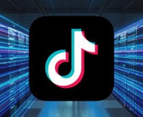 Montagem com logotipo do TikTok em cima de imagem de data center