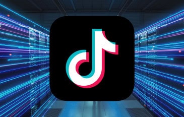 Montagem com logotipo do TikTok em cima de imagem de data center