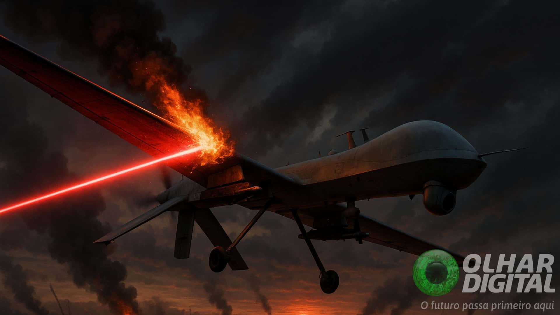 Ilustração de feixe de laser vermelho atingindo asa de drone militar