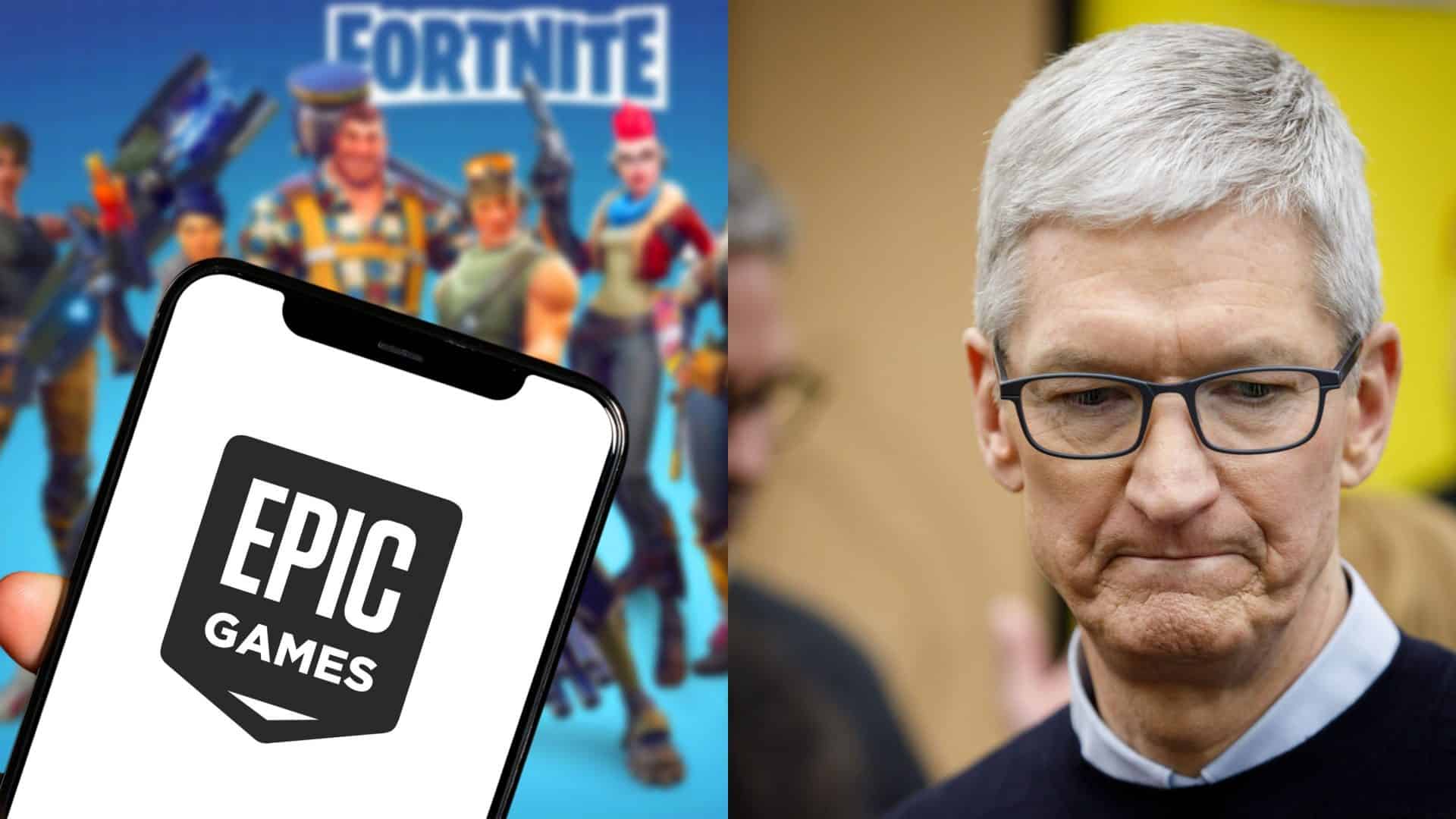 Montagem com fotos de celular com logotipo da Epic Games na tela na frente de monitor exibindo imagem de Fortnite e do CEO da Apple, Tim Cook, com boca franzida e expressão de preocupação