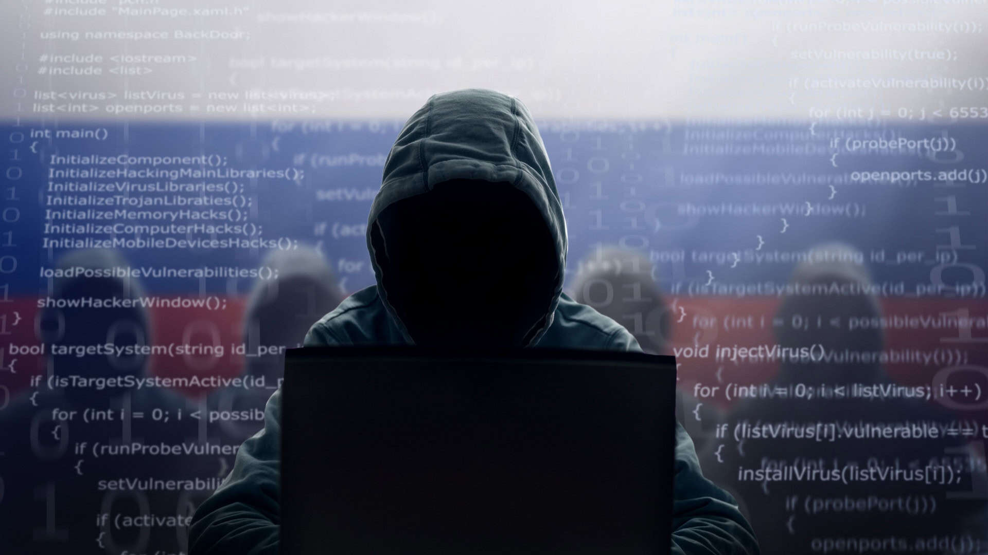 Ilustrações com hackers espiões encapuzados na frente de bandeira gigante da Rússia