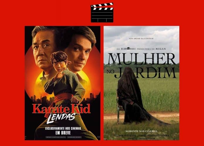 Montagem com pôsteres de Karatê Kid: Lendas e A Mulher no Jardim, dois entre os lançamentos de filmes da semana de 8 de maio no cinema