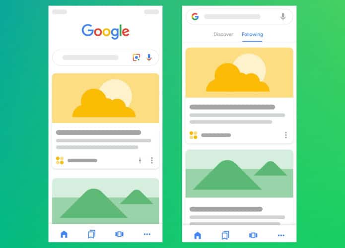 Montagem com ilustrações do feed Discover no Google em celulares