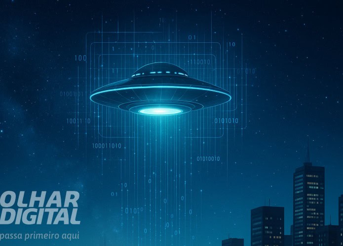 Um céu noturno estrelado sobre uma cidade moderna, com um OVNI brilhante flutuando silenciosamente e linhas digitais de dados sobrepondo a cena, representando IA analisando o objeto