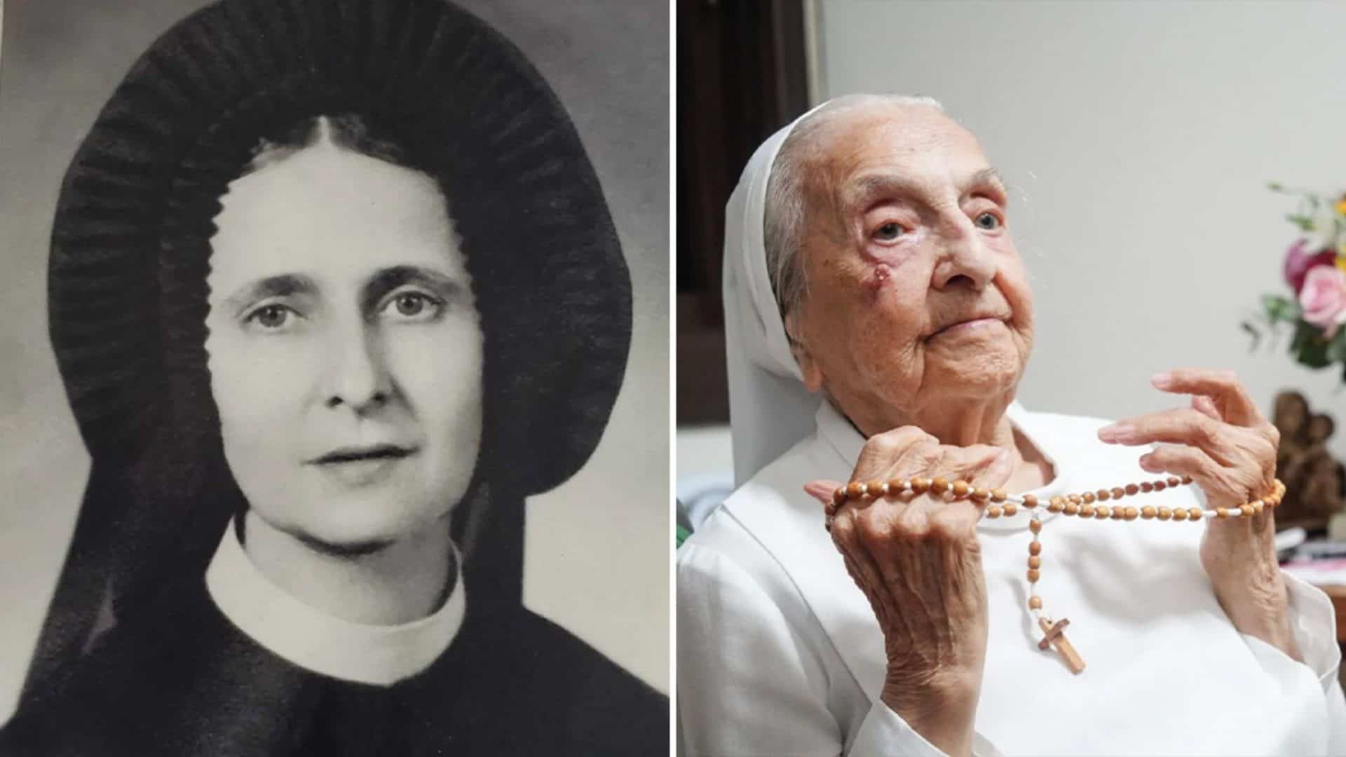 Montagem com imagens da freira Inah Canabarro Lucas quando ela era nova e quando era idosa