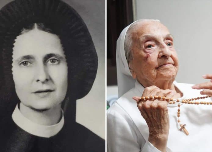 Montagem com imagens da freira Inah Canabarro Lucas quando ela era nova e quando era idosa