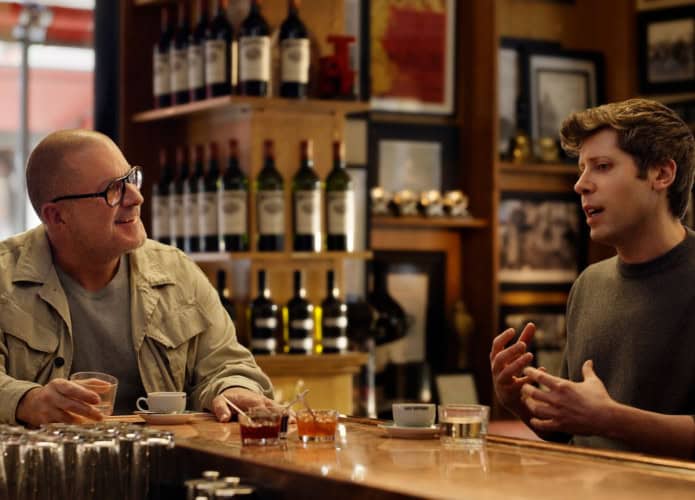 Ilustração de Jon Ive e Sam Altman conversando num barzinho
