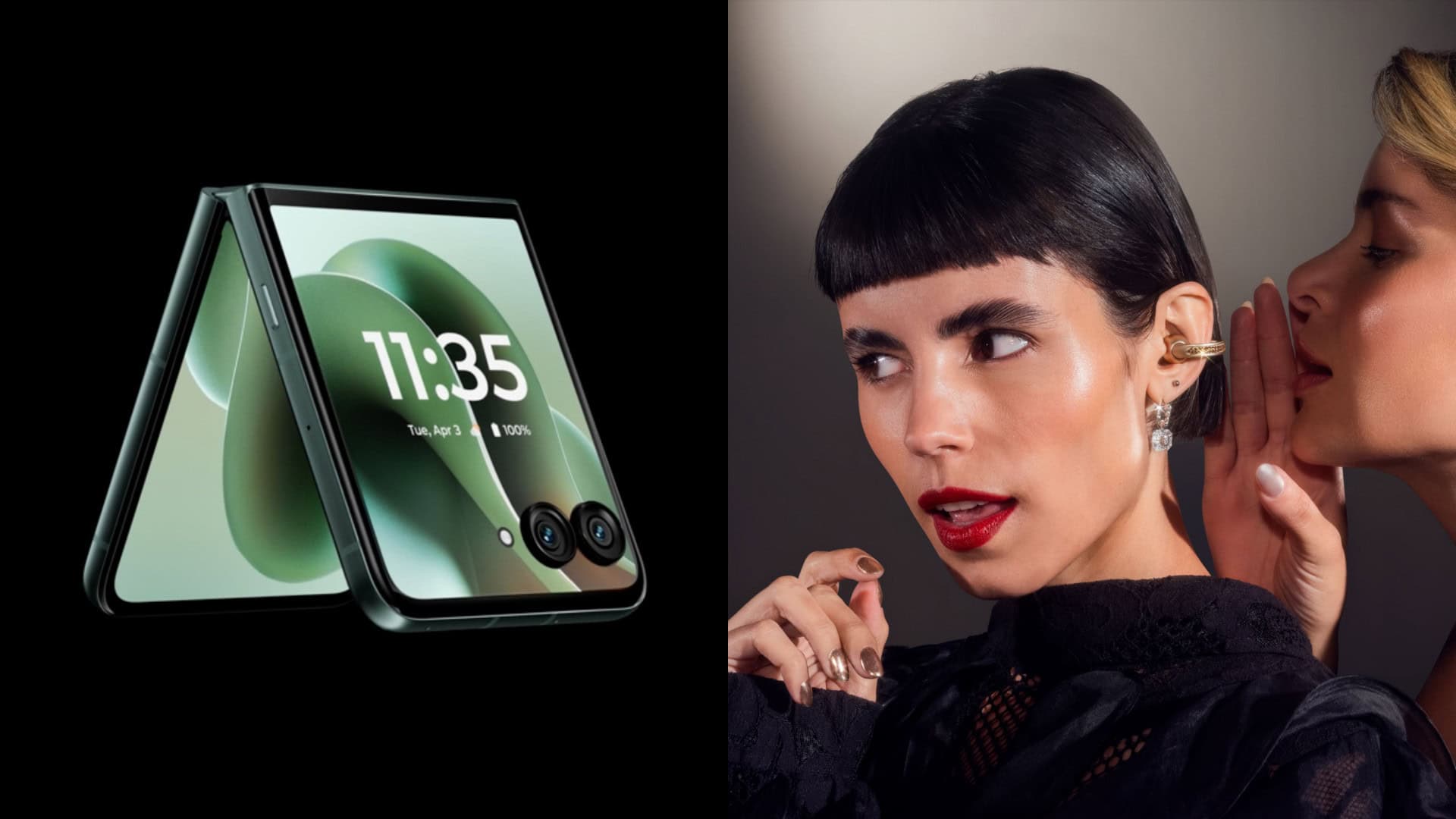 Montagem com imagens do celular Motorola Razr 60 Ultra e do fone Moto Buds Loop
