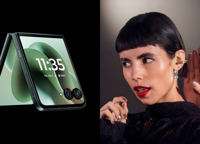 Montagem com imagens do celular Motorola Razr 60 Ultra e do fone Moto Buds Loop