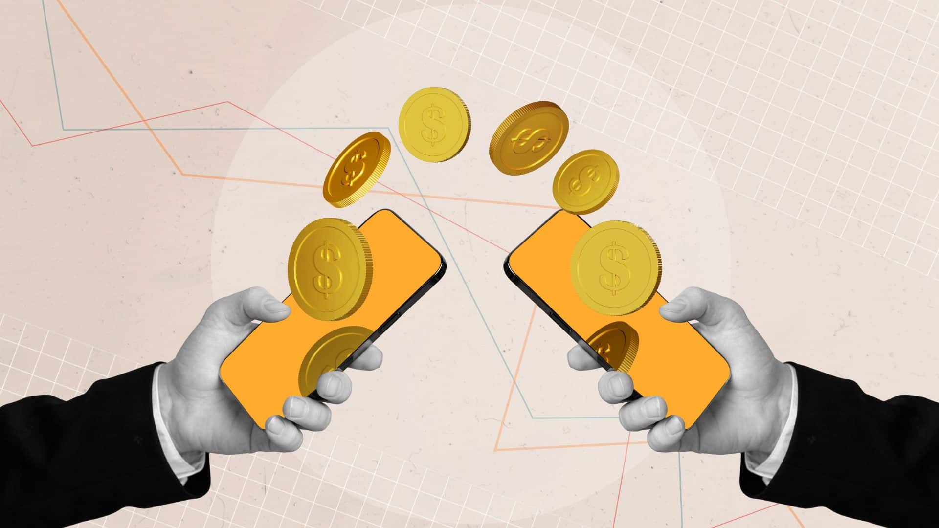 Ilustração estilo colagem de mãos segurando celulares com fluxo de moedas douradas saindo de um e caindo em outro