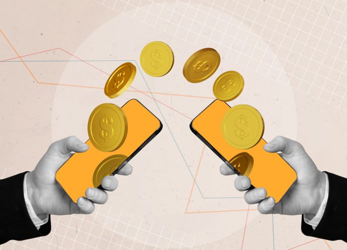 Ilustração estilo colagem de mãos segurando celulares com fluxo de moedas douradas saindo de um e caindo em outro