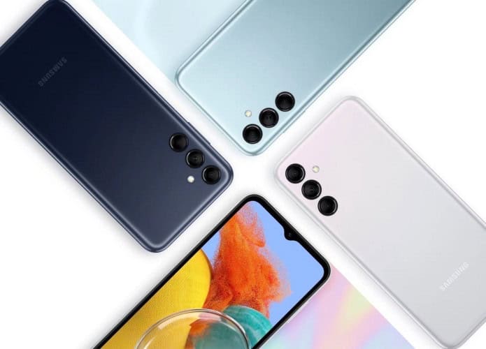 Modelos de Galaxy M14 de várias cores colocados um do lado do outro de maneira circular