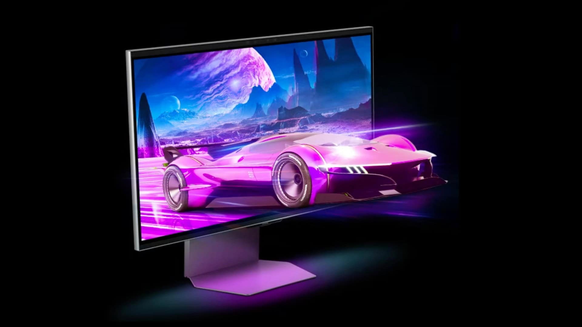 Montagem com carro de corrida saltando da tela do Odyssey 3D, novo monitor gamer da Samsung