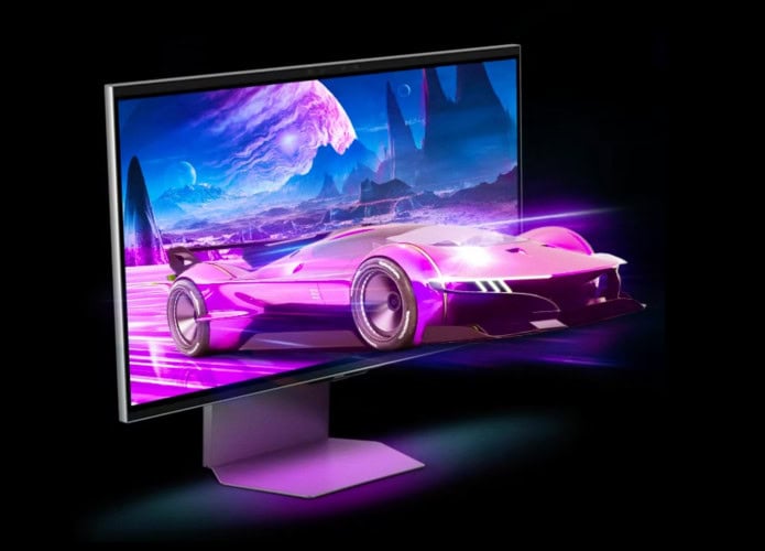 Montagem com carro de corrida saltando da tela do Odyssey 3D, novo monitor gamer da Samsung