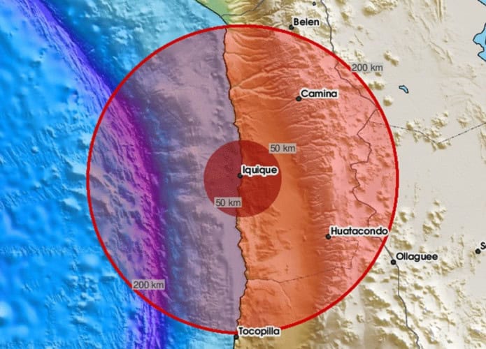 Mapa mostrando epicentro de terremoto no Chile