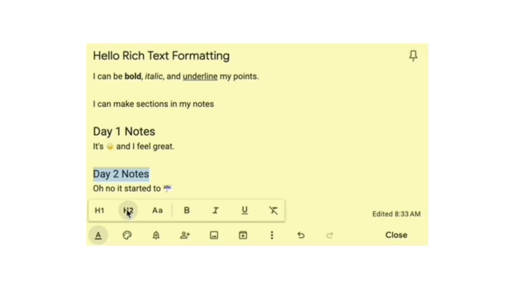 Captura de tela de demonstração de formatação de texto no Google Keep