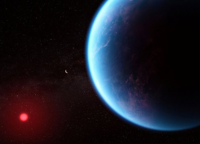 Ilustração K2-18b. Planeta oceânico orbitando uma estrela anã vermelha.