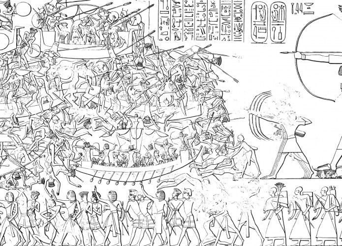Ilustração da Batalha do Delta de Ramsés III contra os Povos do Mar.