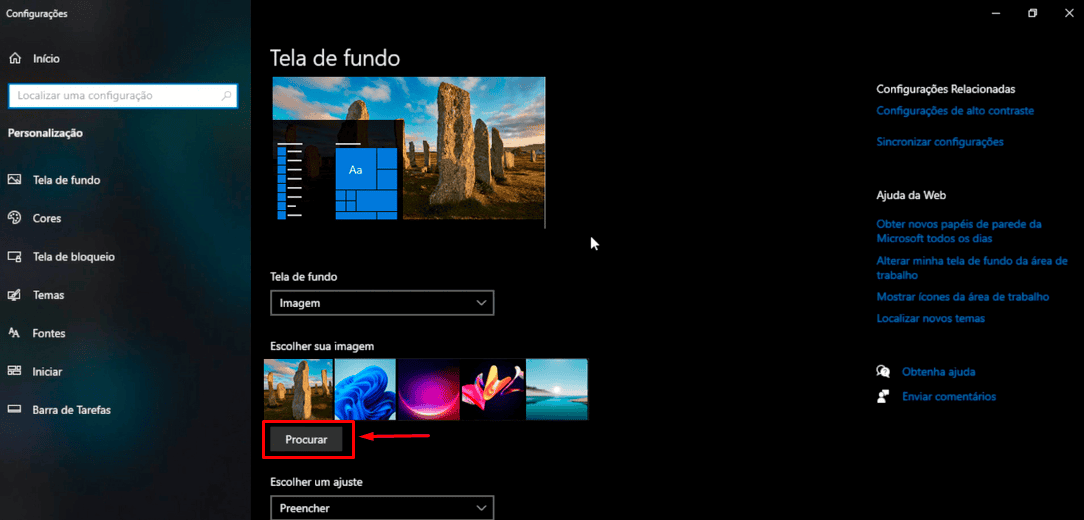 Passo 2 para colocar novo wallpaper no Windows 10