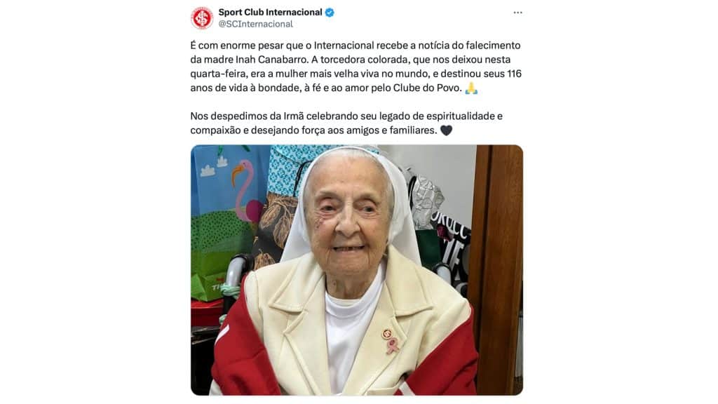 Captura de tela de postagem do Sport Club Internacional no X, antigo Twitter, em homenagem à freira Inah Canabarro Lucas, que era a pessoa mais velha do mundo