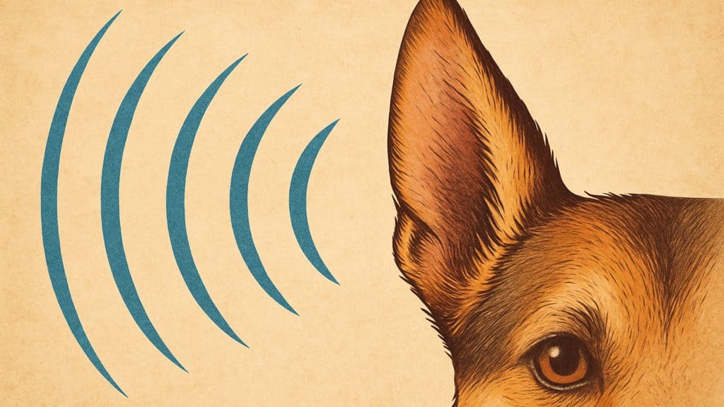 imagem mostra a ilustração digital de um cachorro recebendo estímulos sonoros externos no formato de ondas