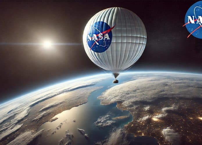 Imagem gerada por inteligência artificial mostra um balão da NASA sobrevoando a terra