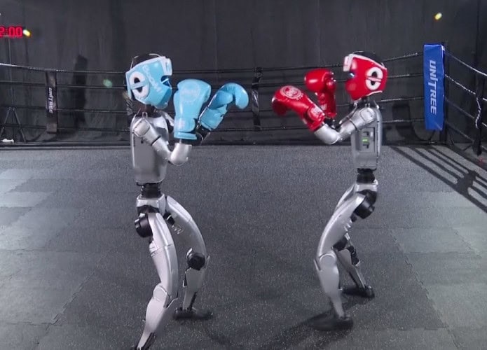 Robôs humanoides da empresa Unitree Robotics se enfrentam em um ringue de boxe